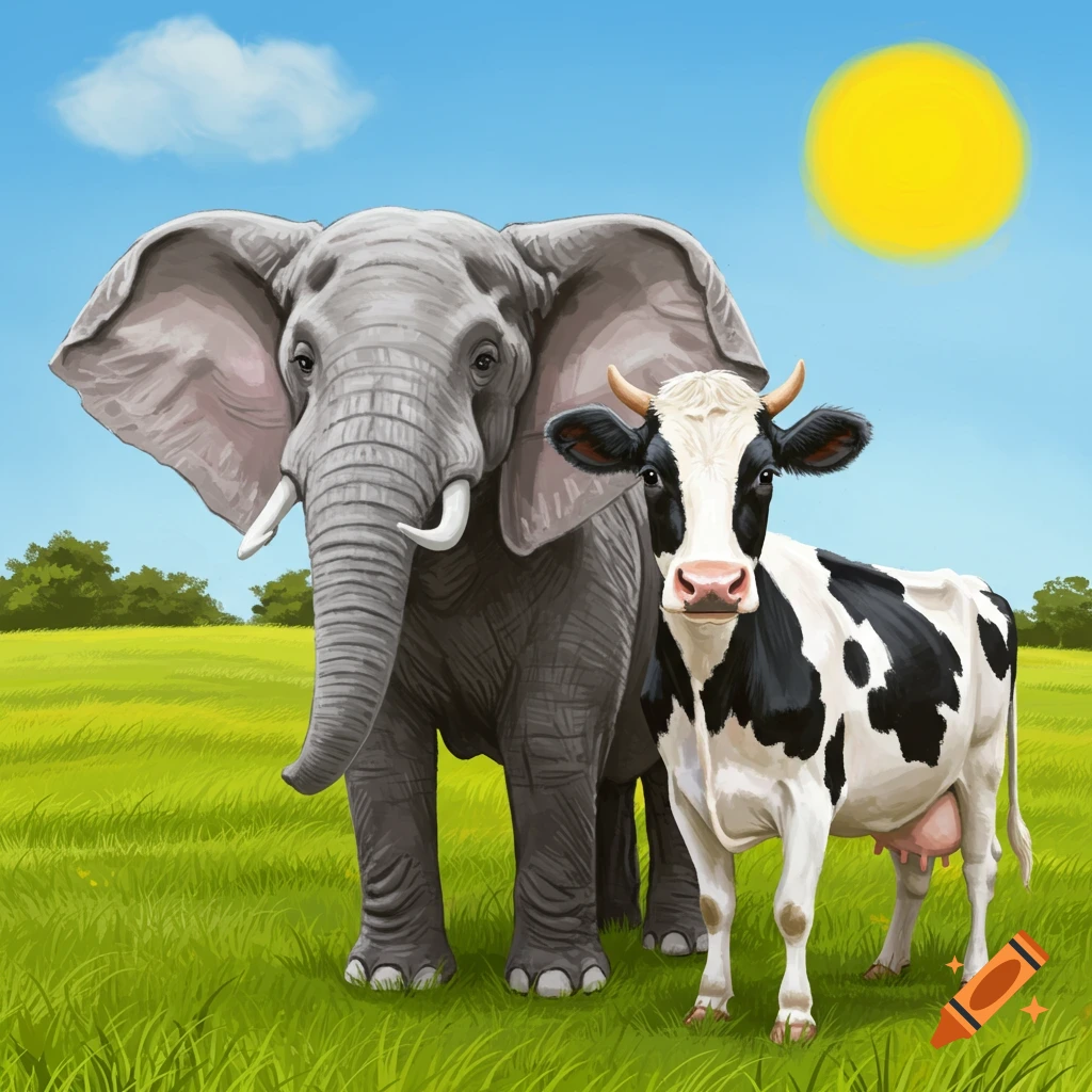 An elephant and a cow standing in a grassy field under a sunny blue sky.