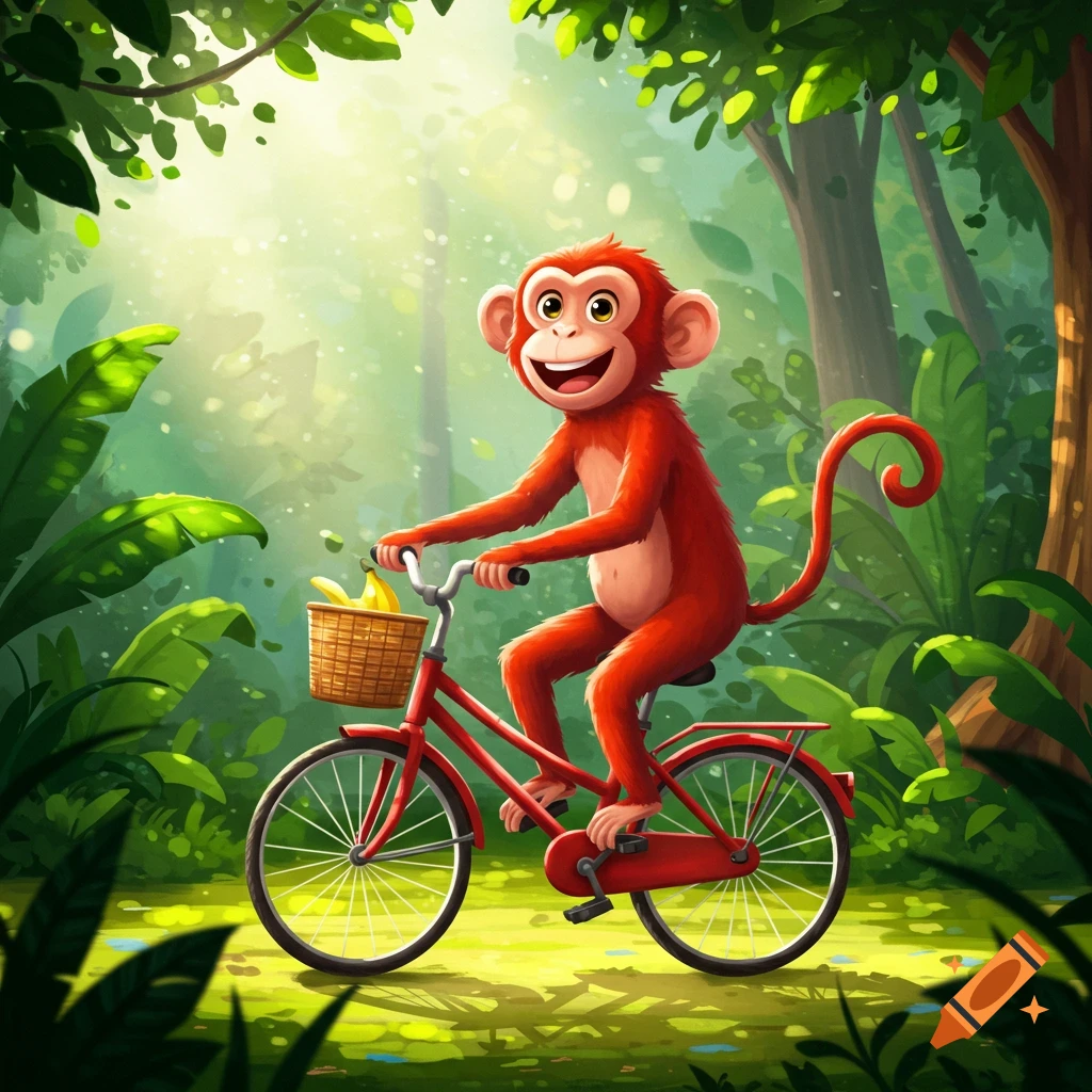 A red cartoon monkey rides a red bicycle with bananas through a sunny jungle.