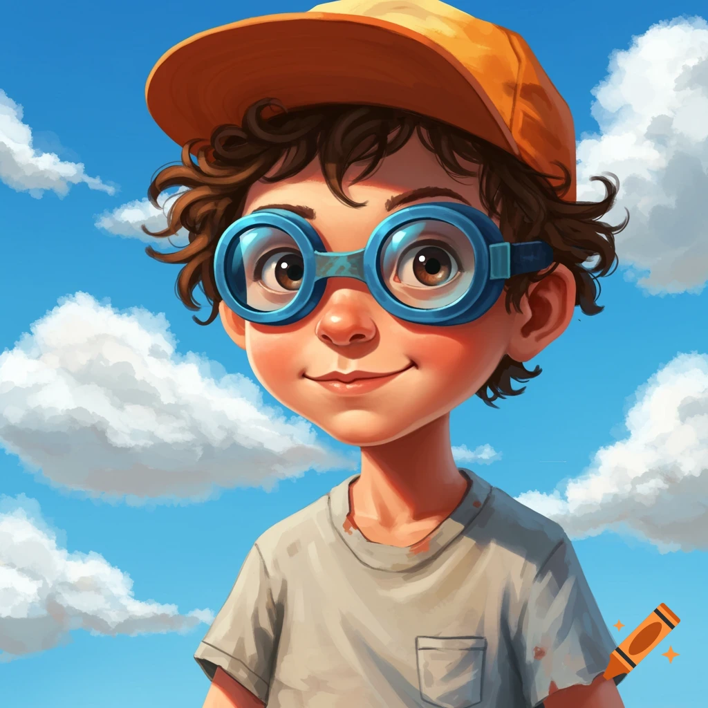 A young boy with goggles and an orange cap smiles under a cloudy blue sky.