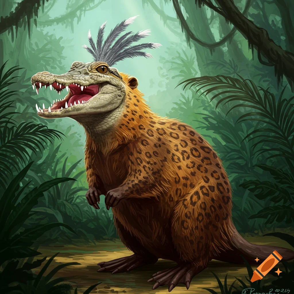 A hybrid creature with a crocodile head, feathers, leopard spots, and a beaver-like body in a jungle.