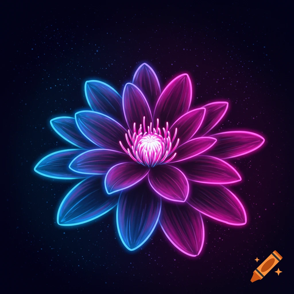 A flower with glowing blue and pink neon outlines on a dark, starry background.