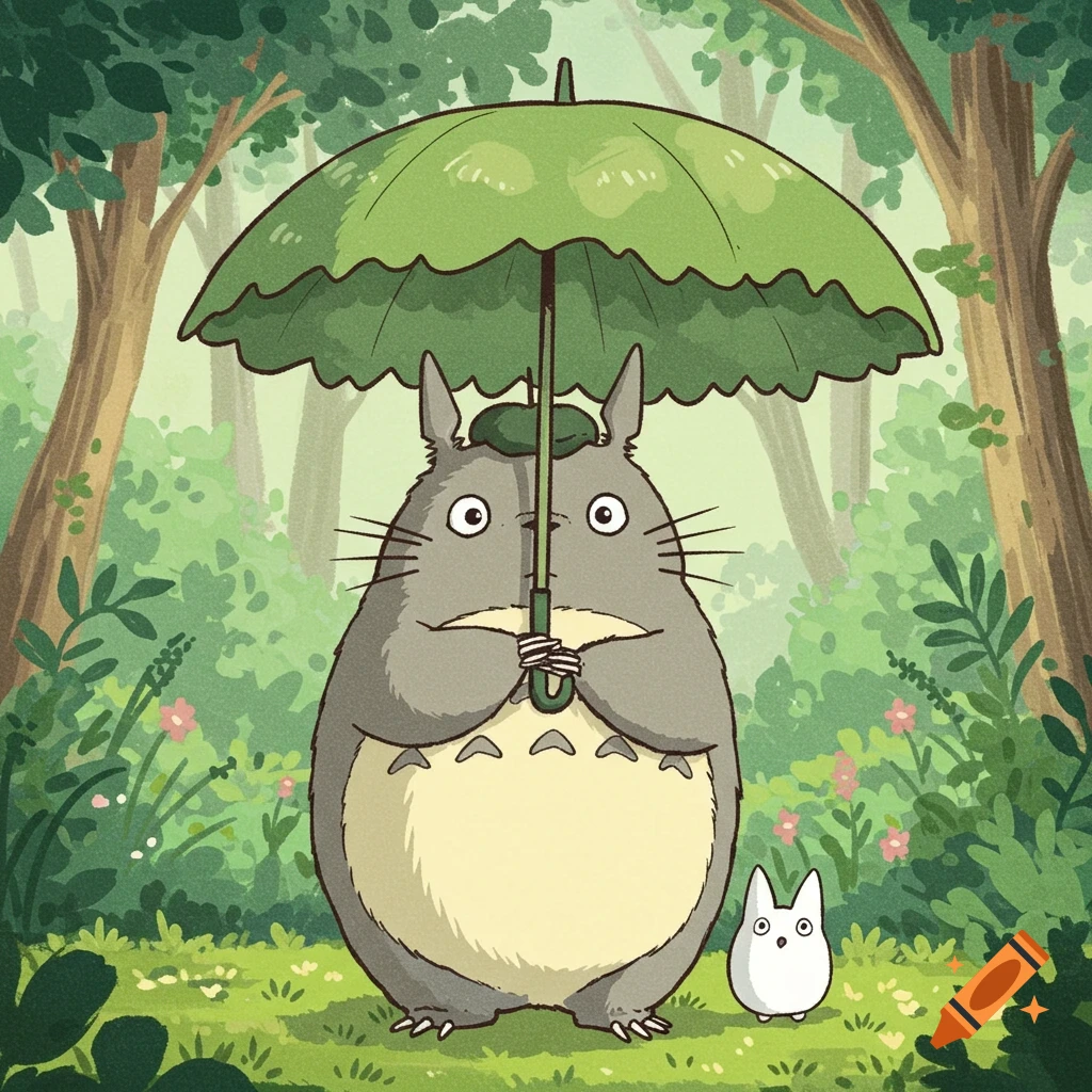 Illustration of Totoro holding a large green umbrella in a forest.