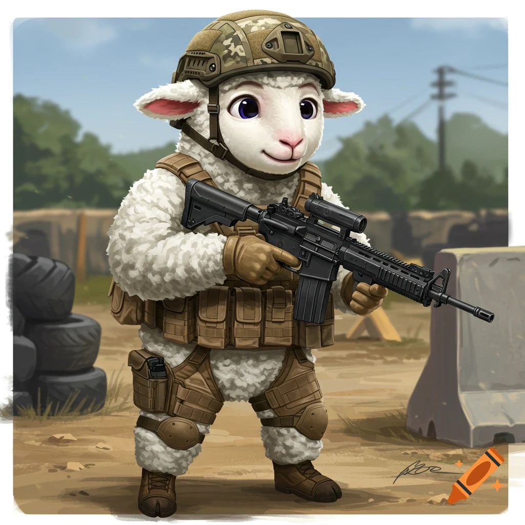 A cartoon lamb in military gear holding a rifle.