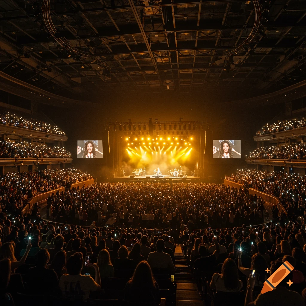 Wide view of a large indoor concert hall filled with a crowd holding phone lights. A stage is lit with bright golden spotlights.