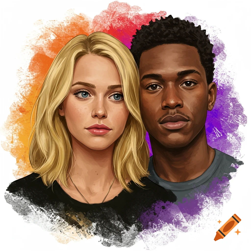 Portrait of a blonde woman and a Black man against a colorful abstract background.