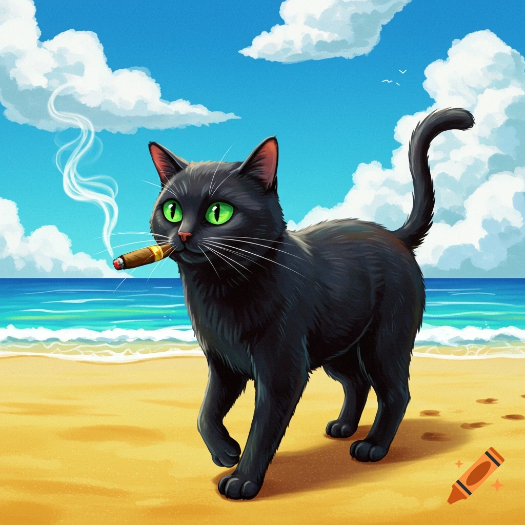 A black cat smoking a cigar and walking on a beach.