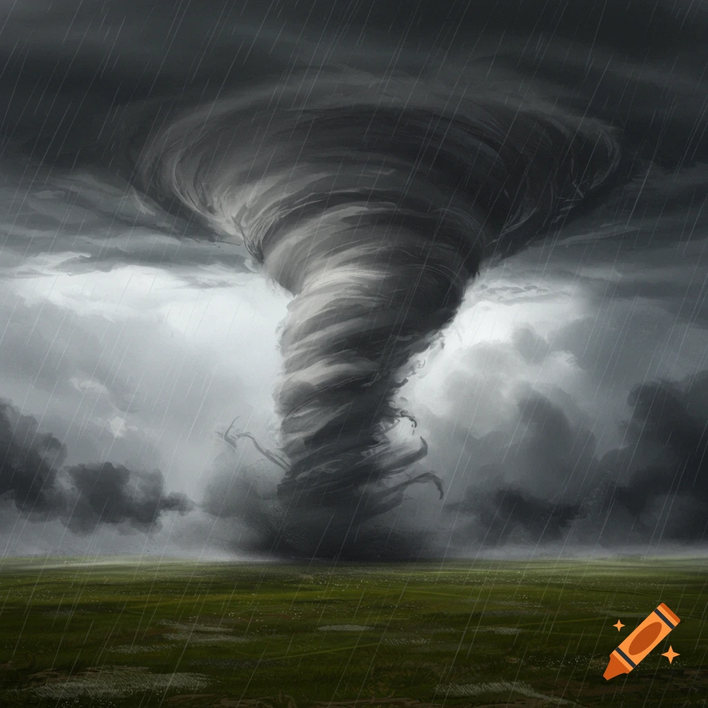 A large tornado is seen in a field under a stormy sky with rain.