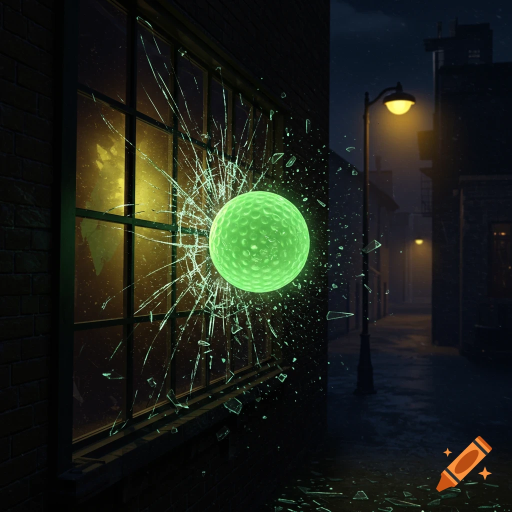 A glowing green golf ball shattering a window at night.