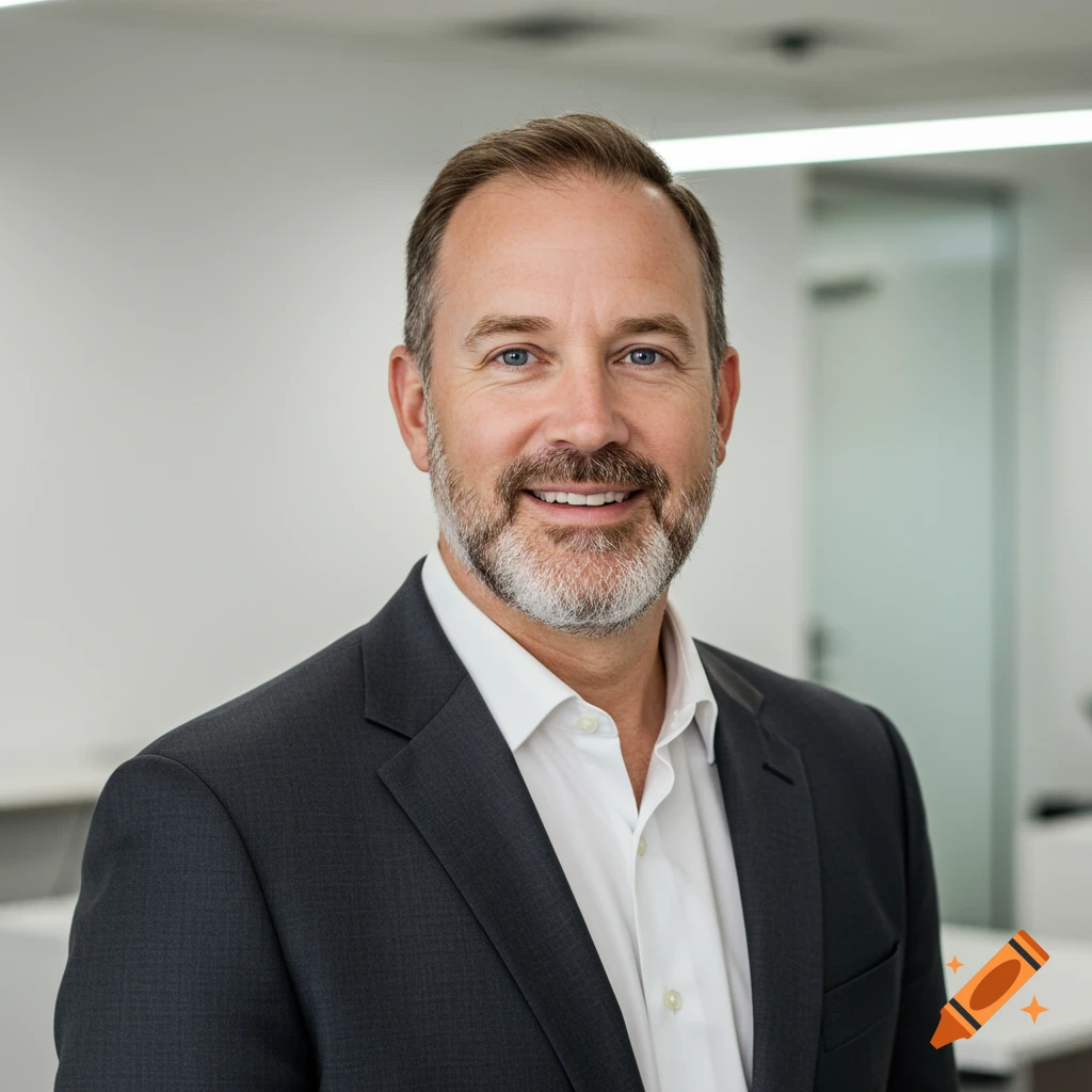 Headshot of a smiling white man in a suit in an office.