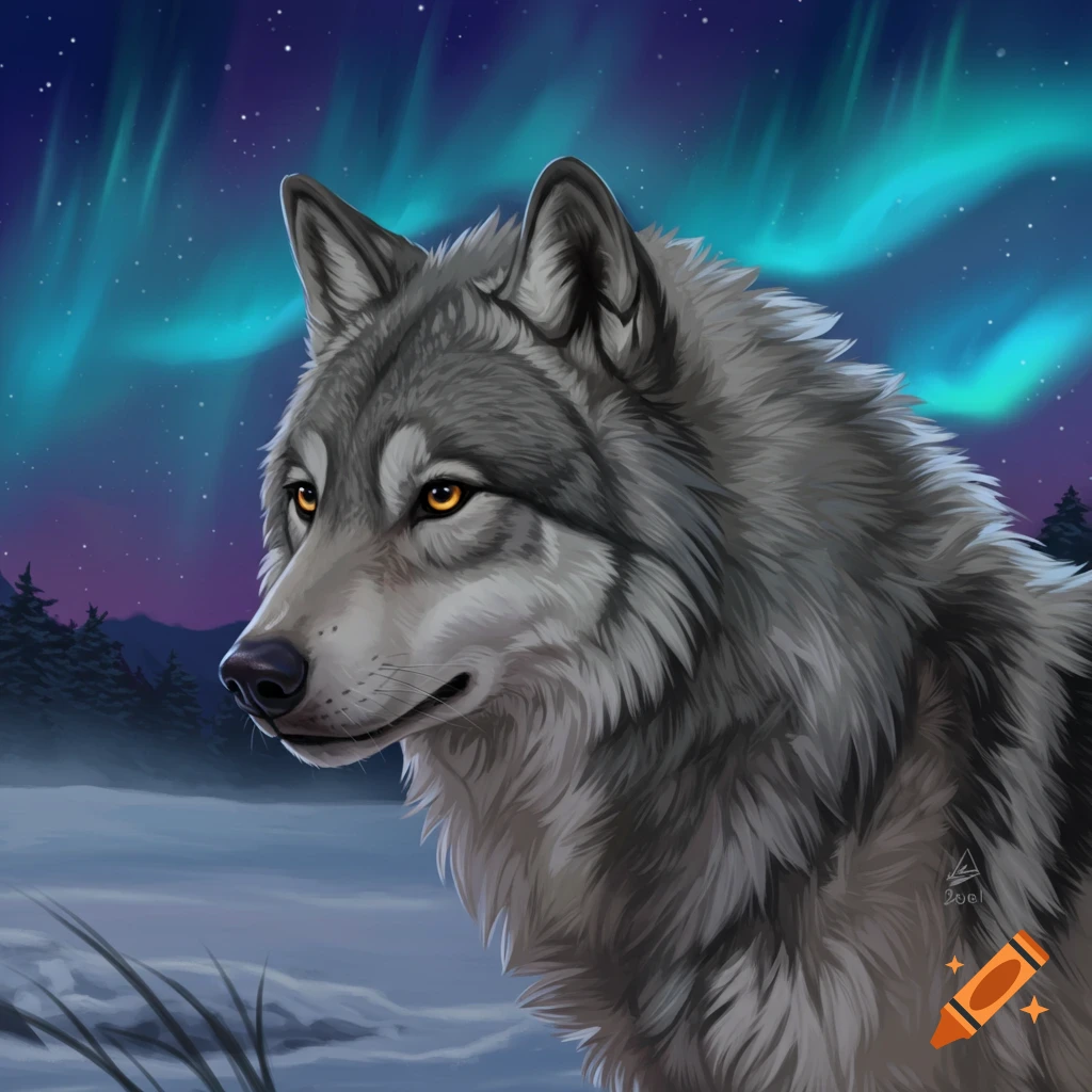 A grey wolf looking left against a snowy landscape with aurora borealis.
