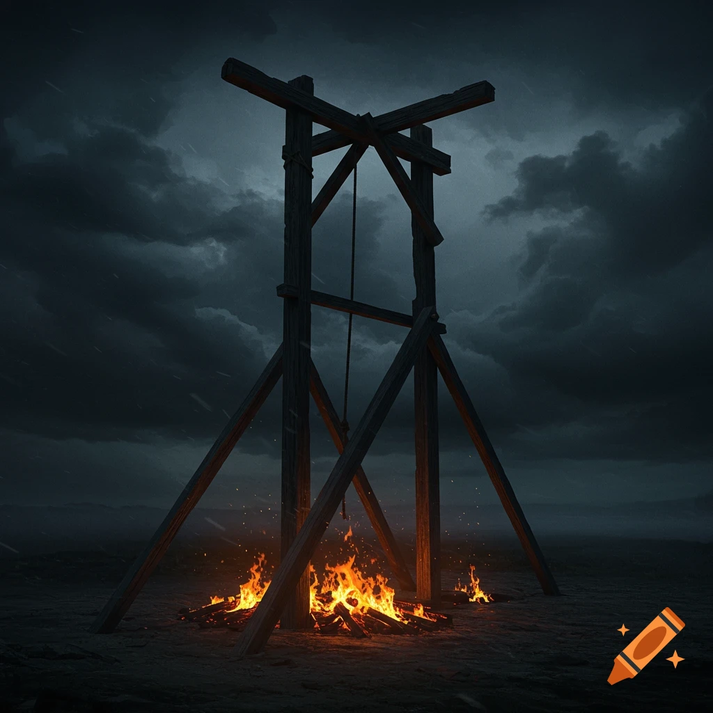 A gallows with fire under dark stormy skies.