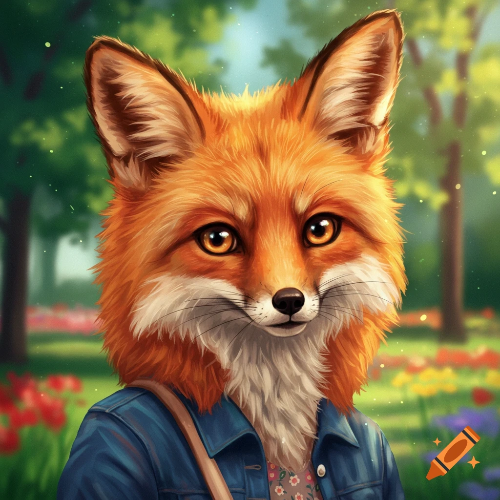An anthropomorphic fox wearing a denim jacket and standing in a park.