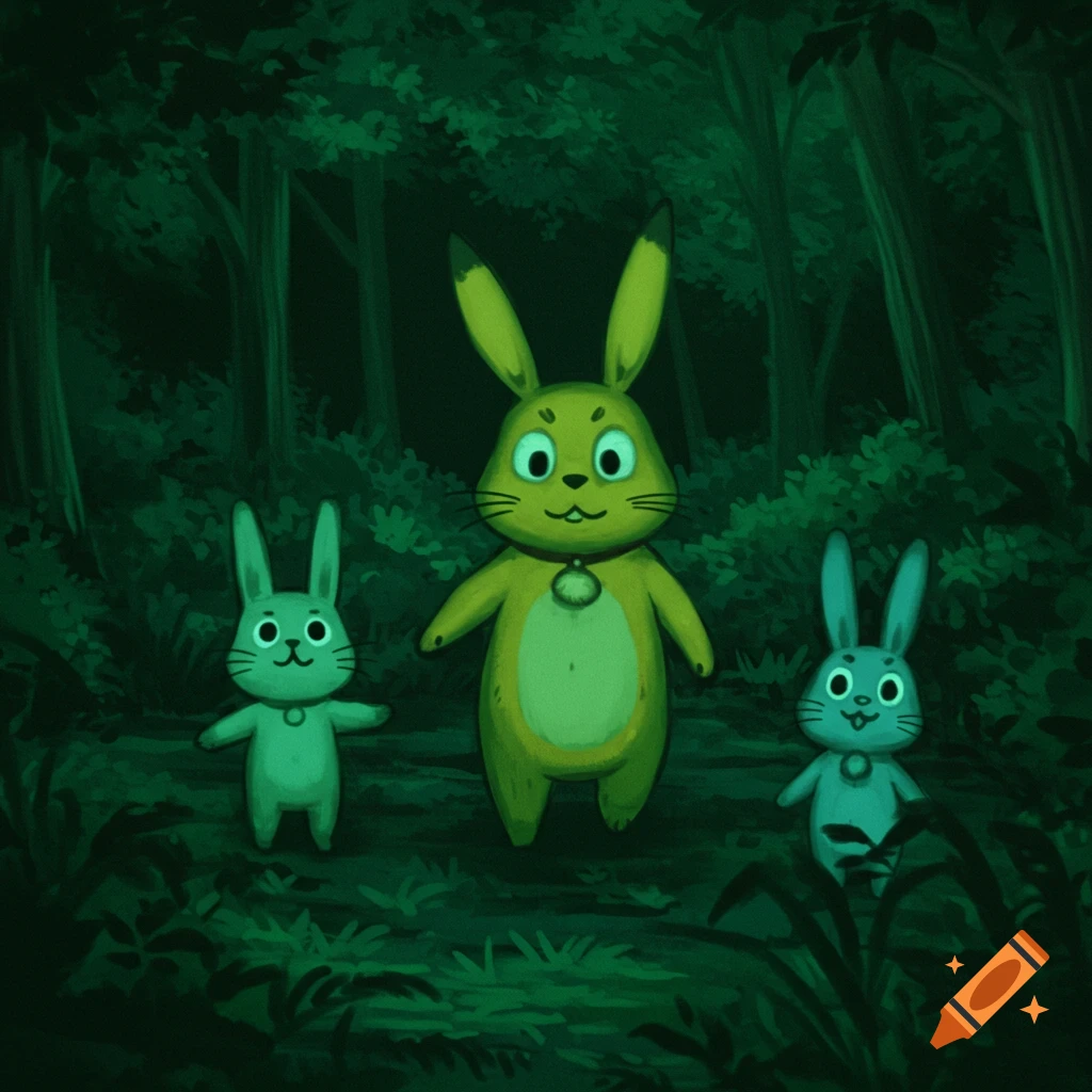 Three cartoon rabbits stand in a dark forest at night.