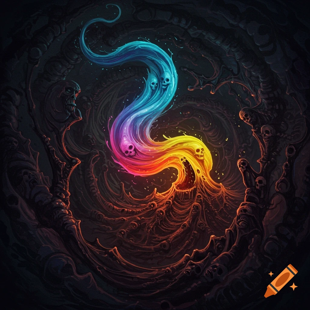 A swirling rainbow entity with skulls surrounded by dark organic shapes and skulls.