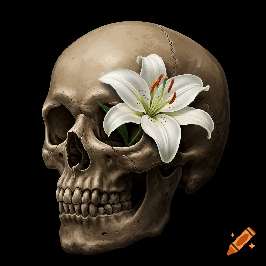 A human skull with a white lily growing from its eye socket on a black background.