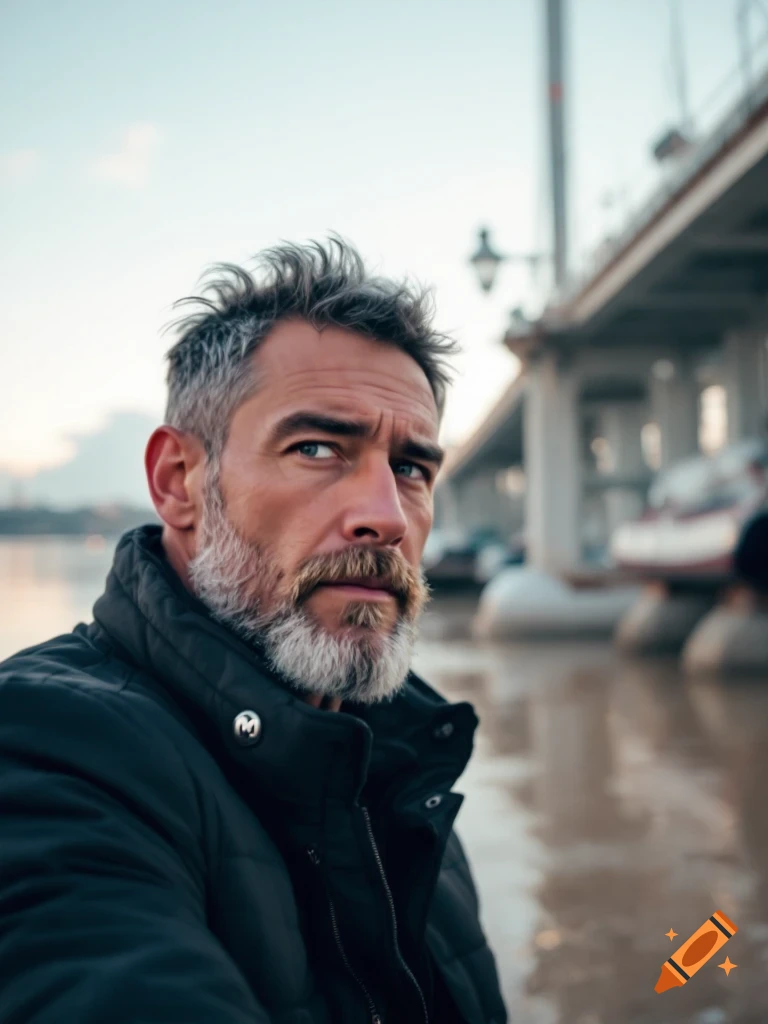 Close-up photorealistic portrait of a man with grey hair and beard outdoors near water and a bridge.