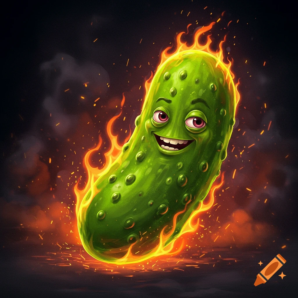 A cartoon pickle with a face is engulfed in flames.
