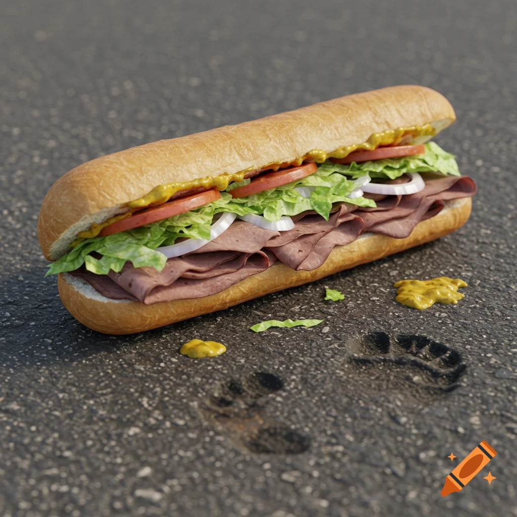 A roast beef hoagie lies on the ground with footprints beside it.