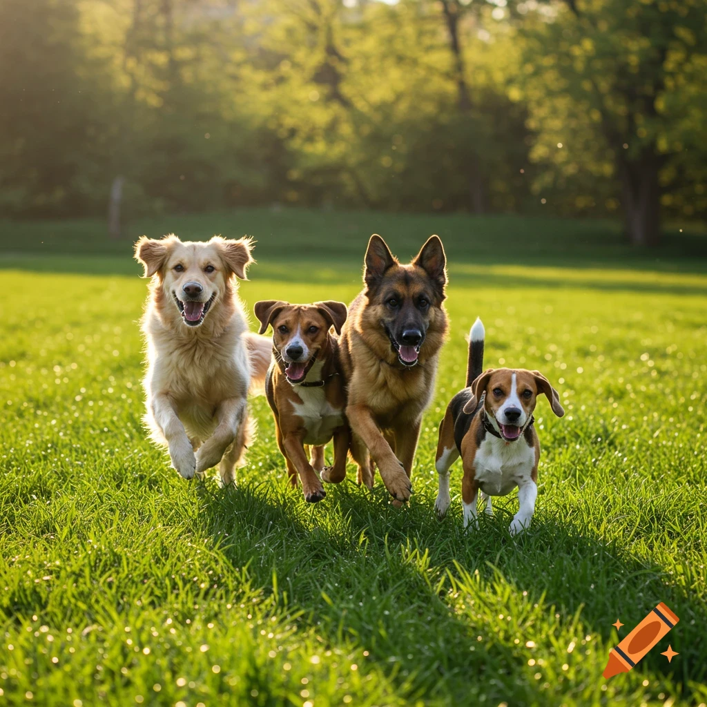 Four dogs running through green grass at sunset