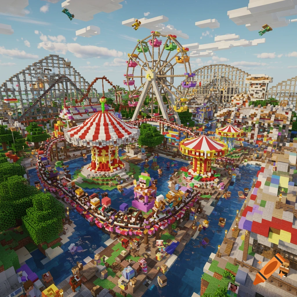 A vibrant Minecraft amusement park with roller coasters, Ferris wheel, and crowds in a blocky style.