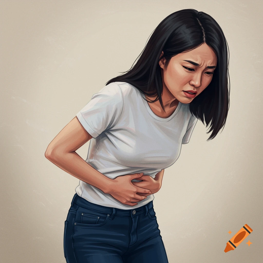 Young Asian woman clutching her stomach in pain