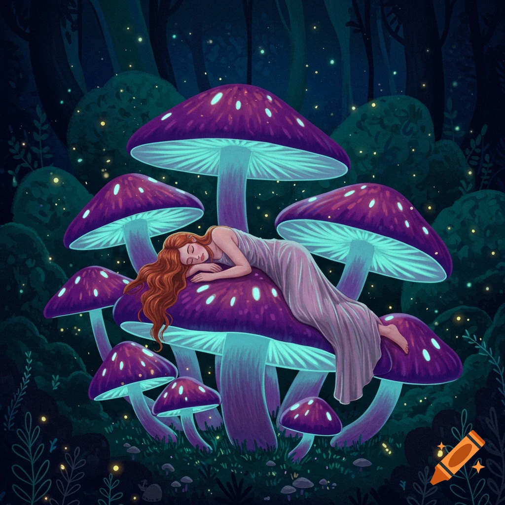 A woman sleeps on glowing purple mushrooms in a dark fantasy forest.