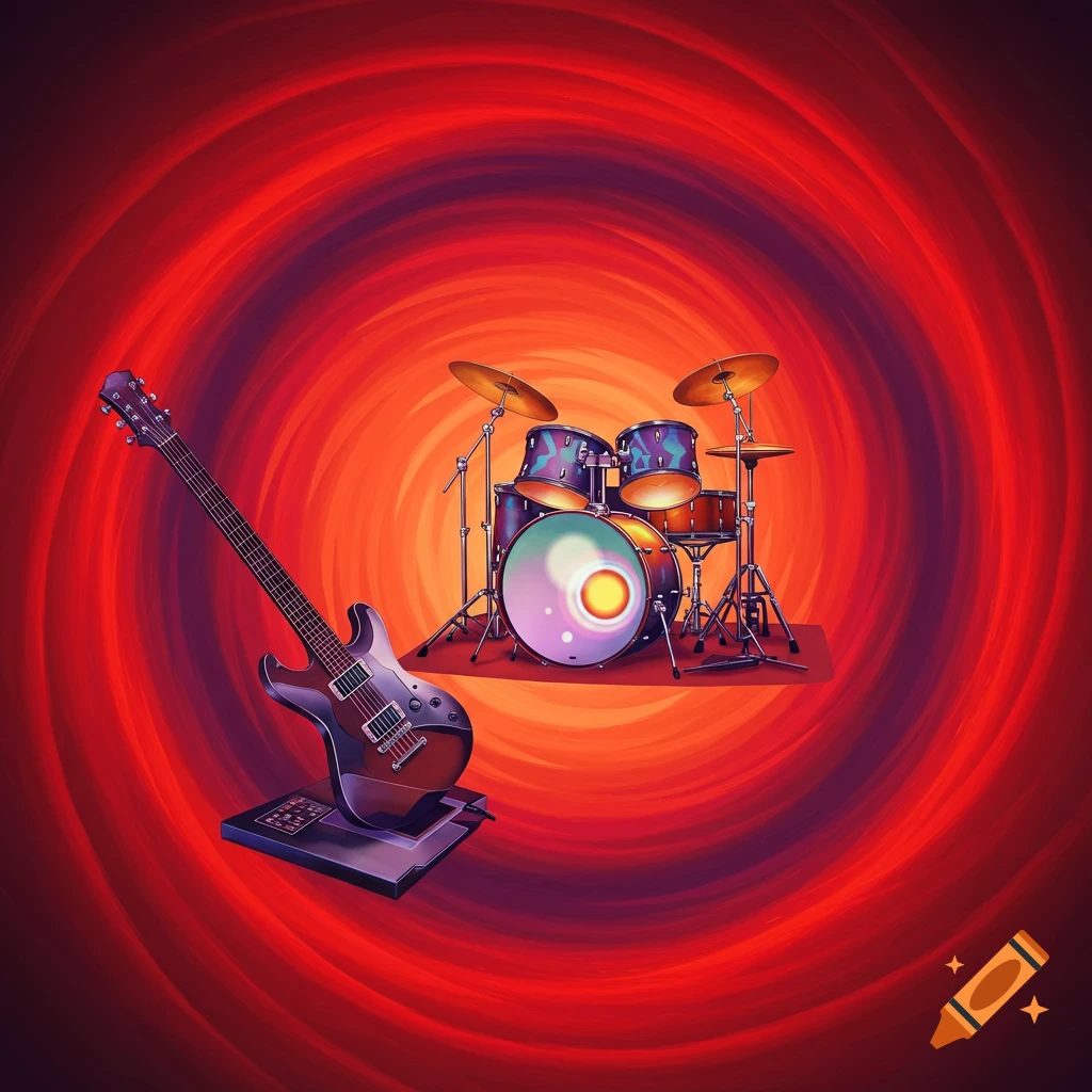 A guitar and drums in front of a swirling red and purple vortex.