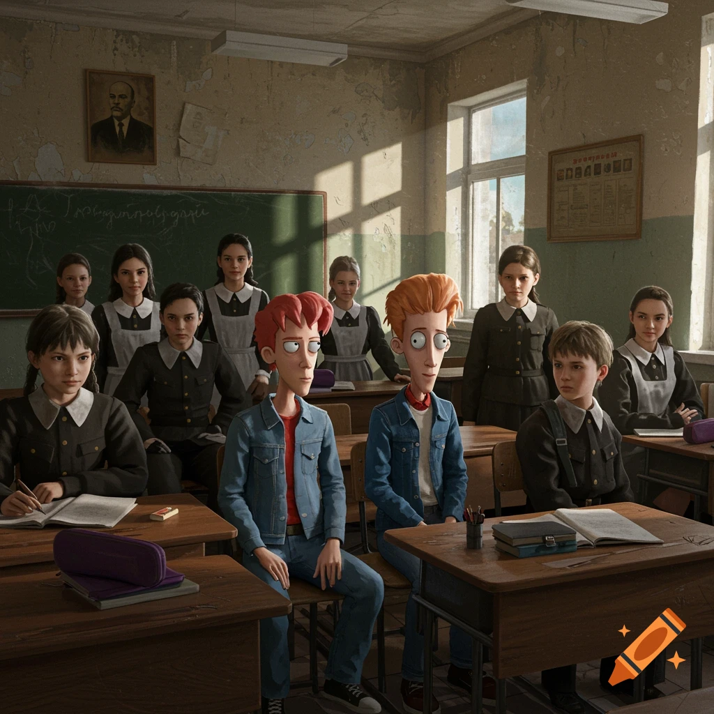 Cartoon characters Beavis and Butthead sit in a 1990s Russian classroom with students.