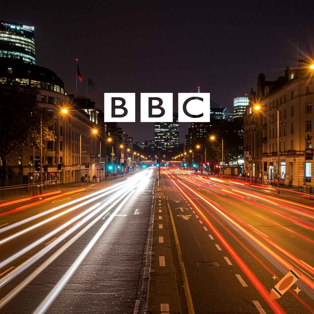 The BBC logo is prominently displayed over a night cityscape. Streaks of red and white light trails illuminate the scene.
