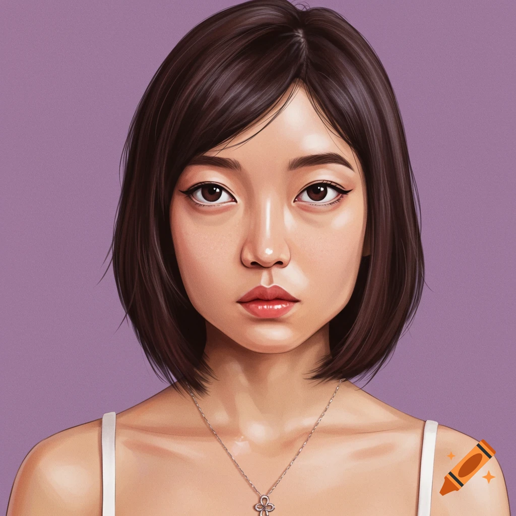 A woman with short brown hair wears a white top and necklace against a purple background.