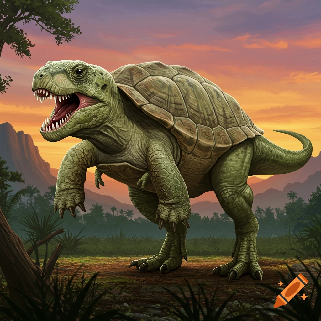 A creature combining a T-rex body with a turtle shell and head in a prehistoric landscape.