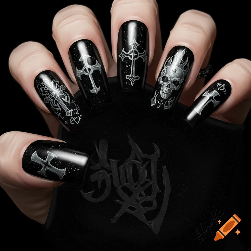 A hand with long black gothic nails featuring silver cross and skull designs.