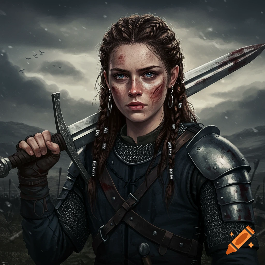 A young female medieval warrior holding a bloody sword.