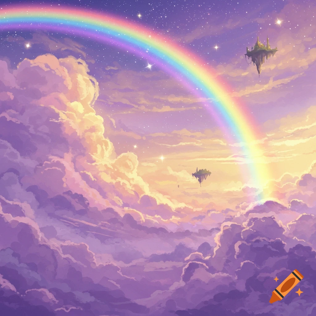 A rainbow stretches across a mystical sky filled with clouds, stars, and floating islands.