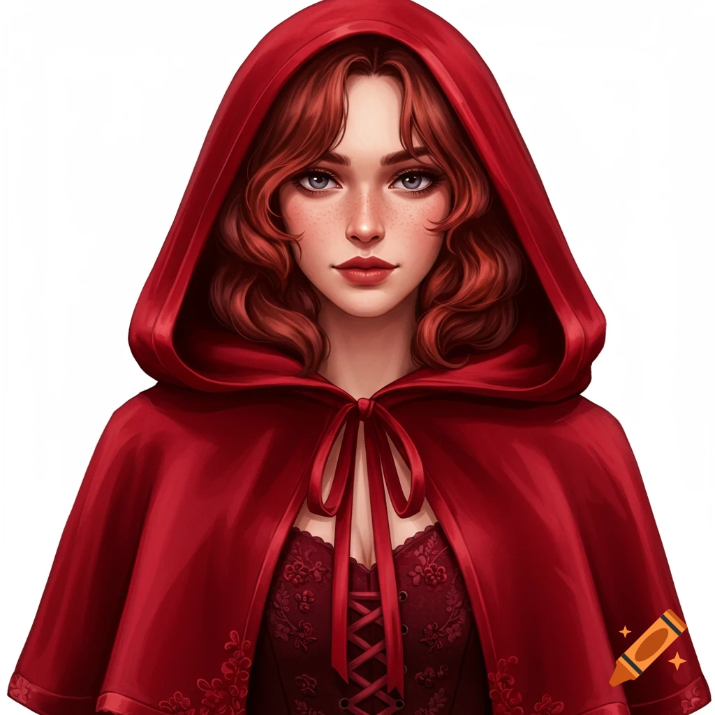 Portrait of an adult woman dressed as Little Red Riding Hood.