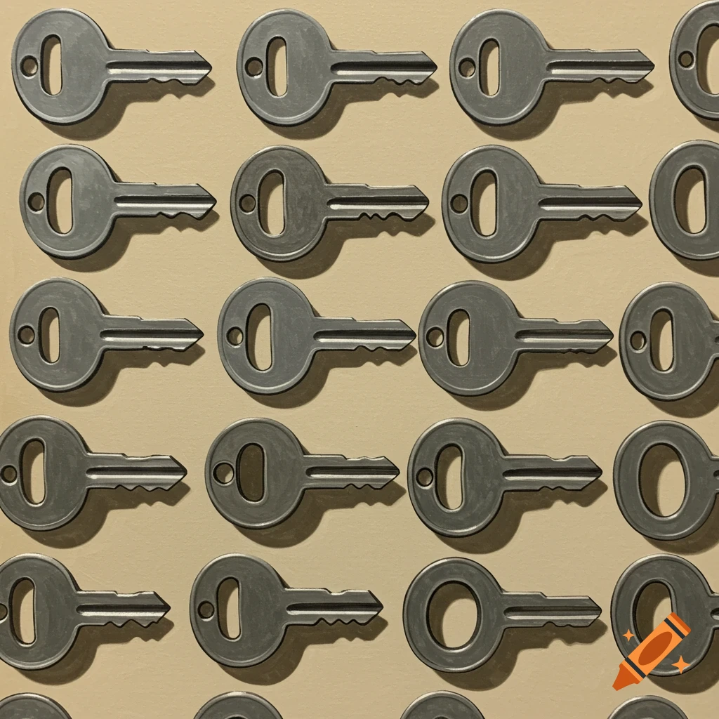 A pattern of repeating metal house keys arranged in rows.