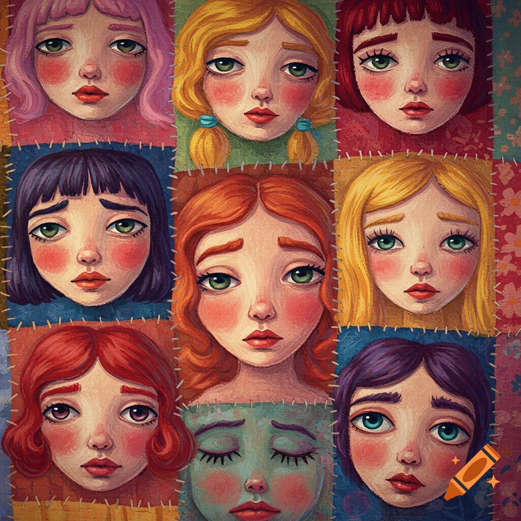 Nine stylized faces in a variety of hair colors depicted on a colorful patchwork quilt background.