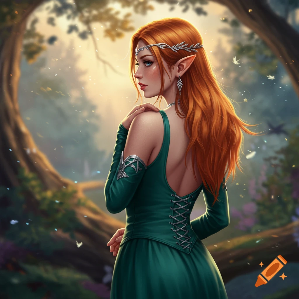 A red-haired female elf in a green dress looks over her shoulder in a sunlit forest.
