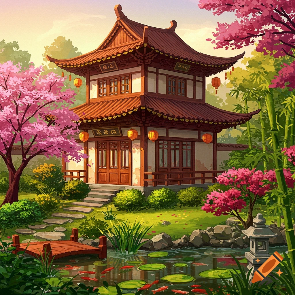 An Asian temple building with red roofs, cherry blossoms, bamboo, a pond with koi fish, and a bridge.
