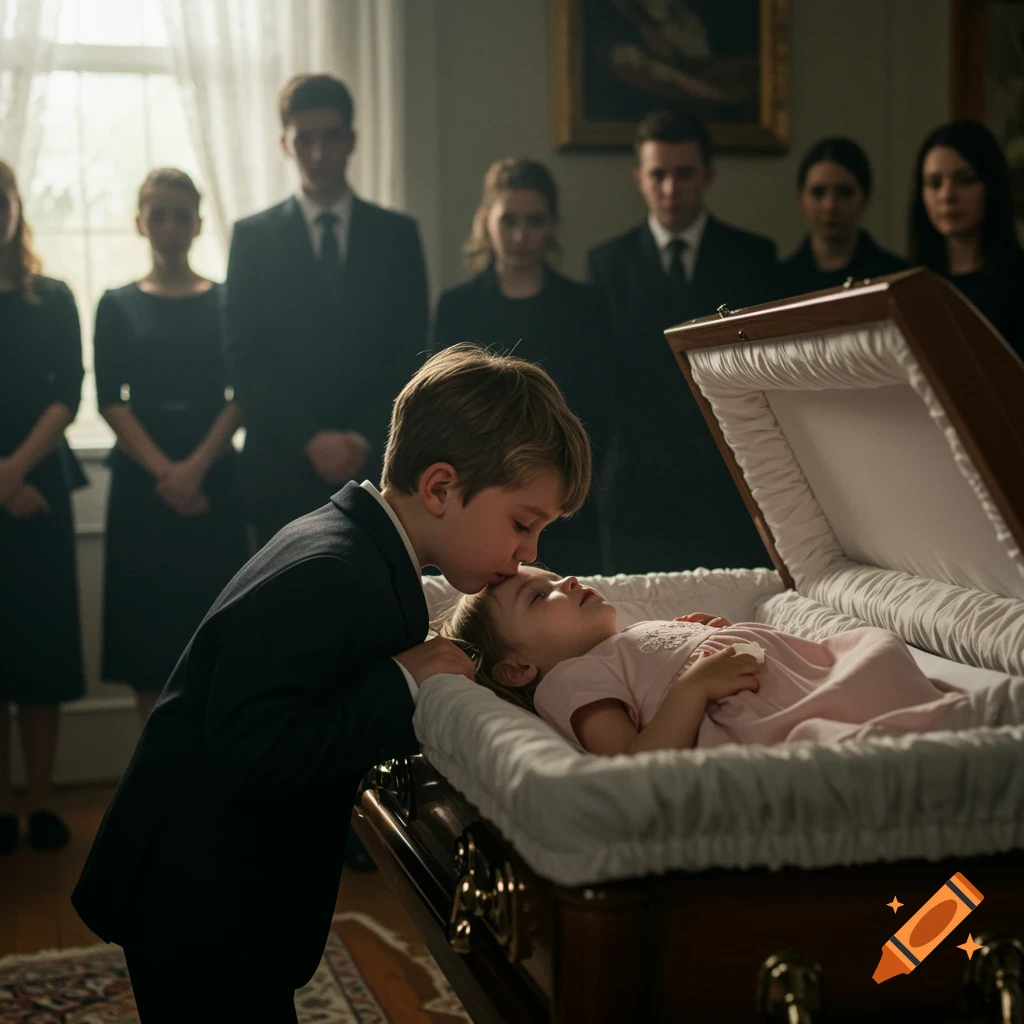 Young boy kisses the forehead of a deceased girl in a casket at a funeral, with mourners in the background.