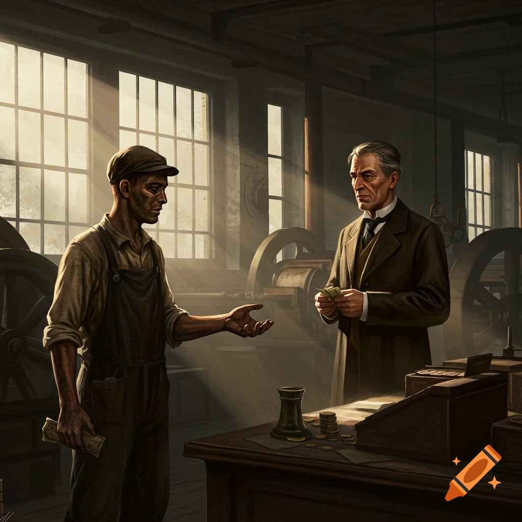 A 1800s factory worker being paid by his employer in a sunlit industrial building.