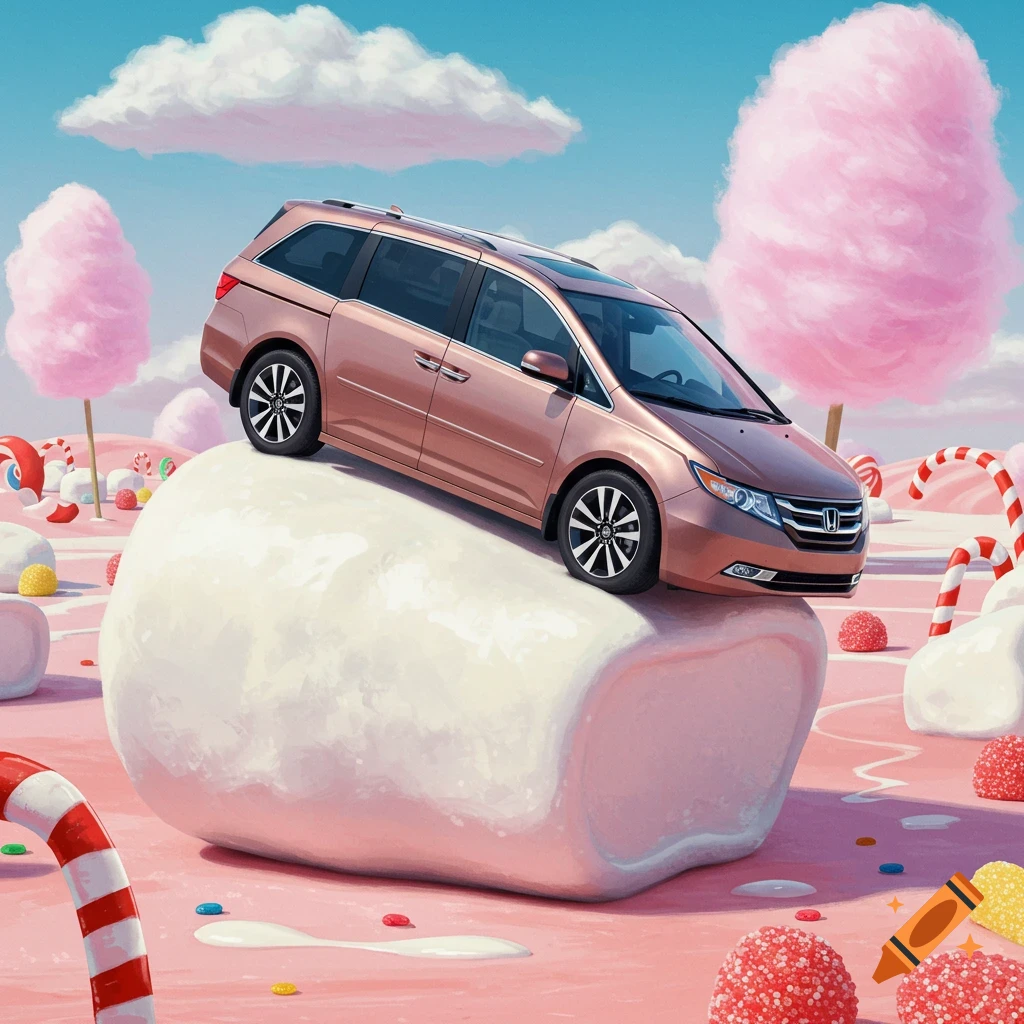 A pink minivan sits atop a large marshmallow in a candy landscape with cotton candy trees and giant candy canes.