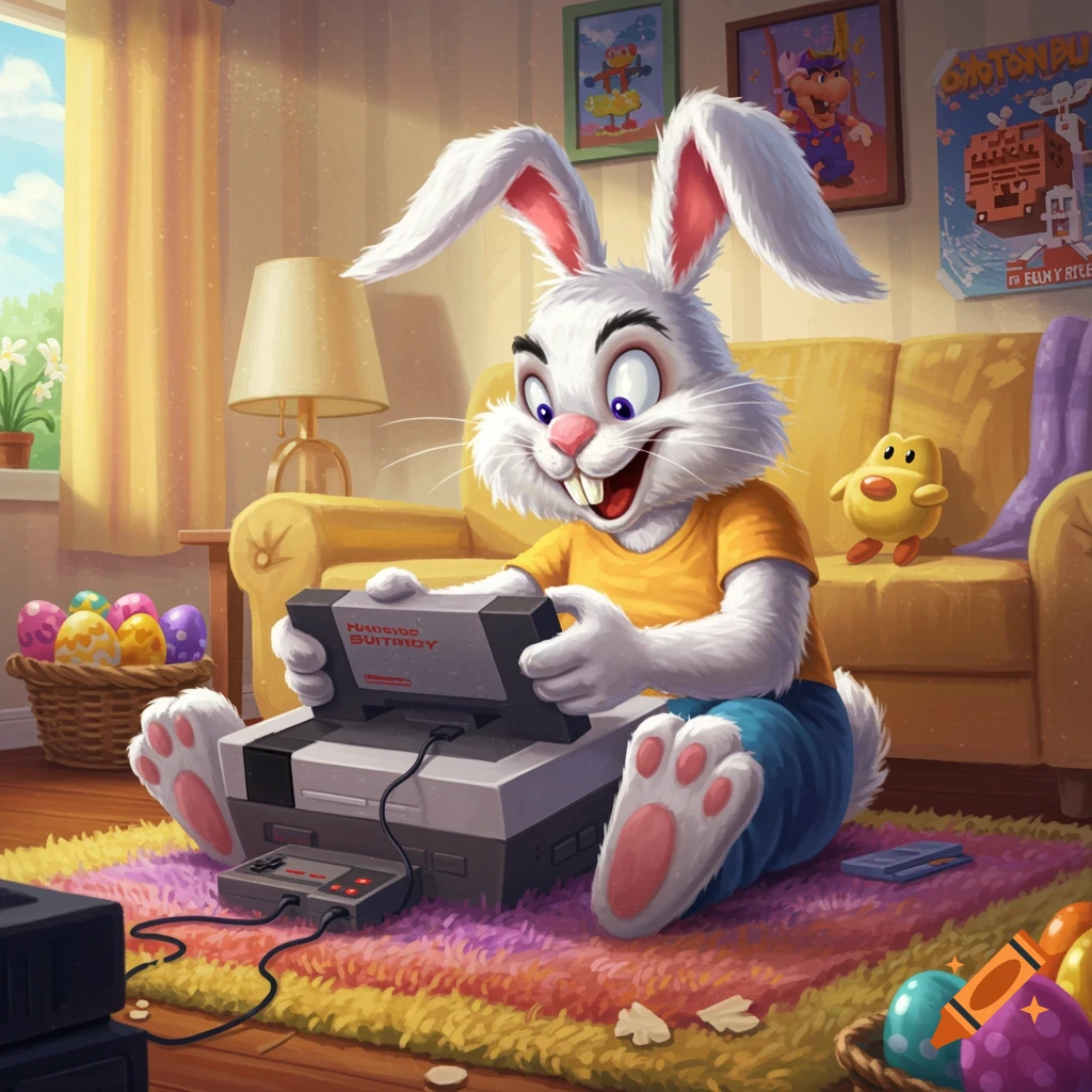 A cartoon Easter Bunny plays video games in a living room filled with Easter eggs.