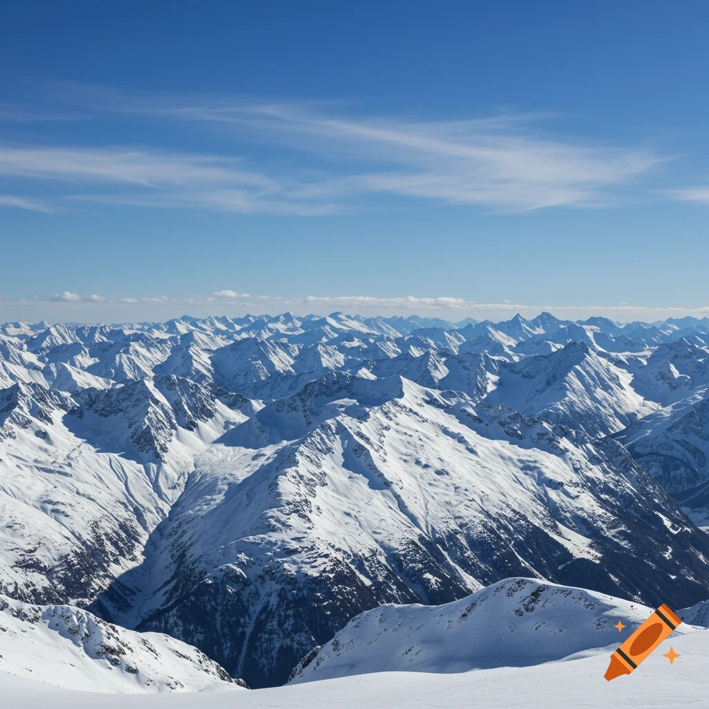 Panoramic view of snow-covered mountains under a blue sky