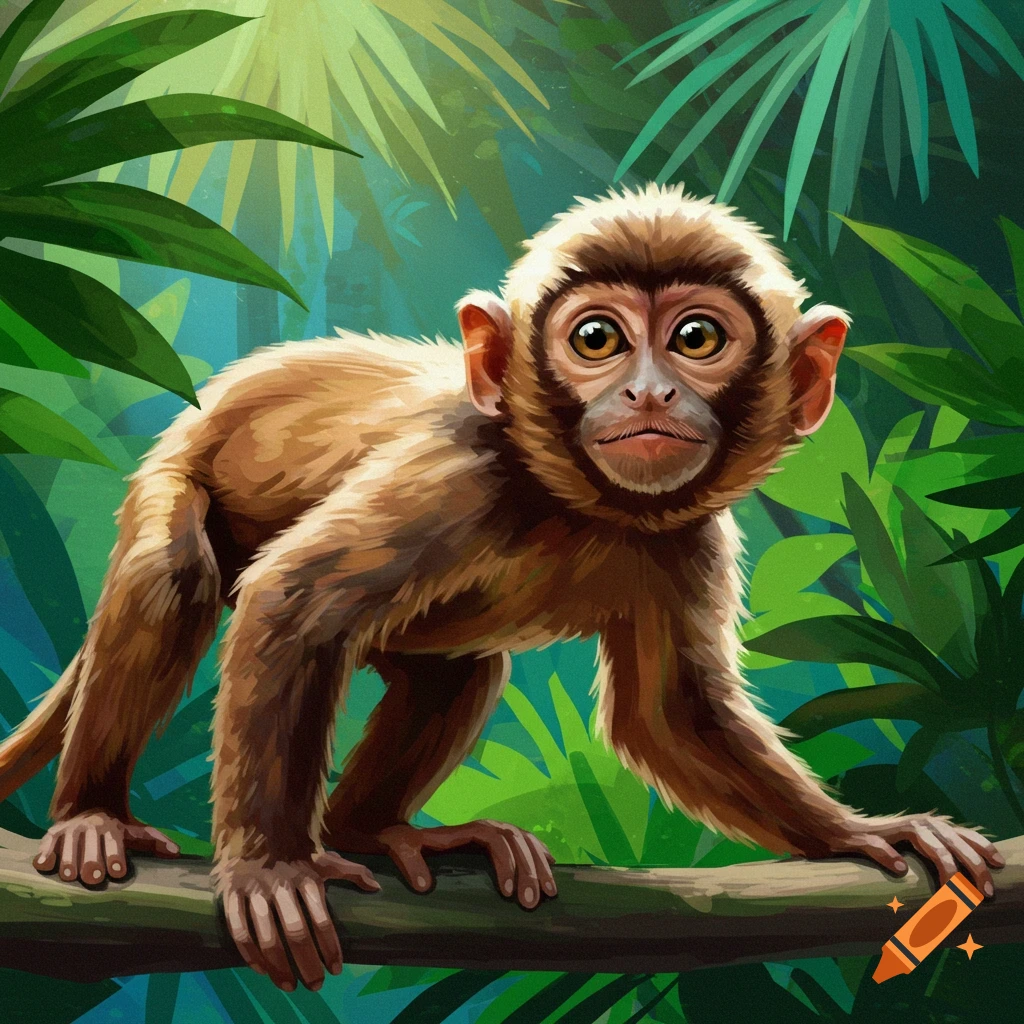 A monkey on a branch in a jungle.