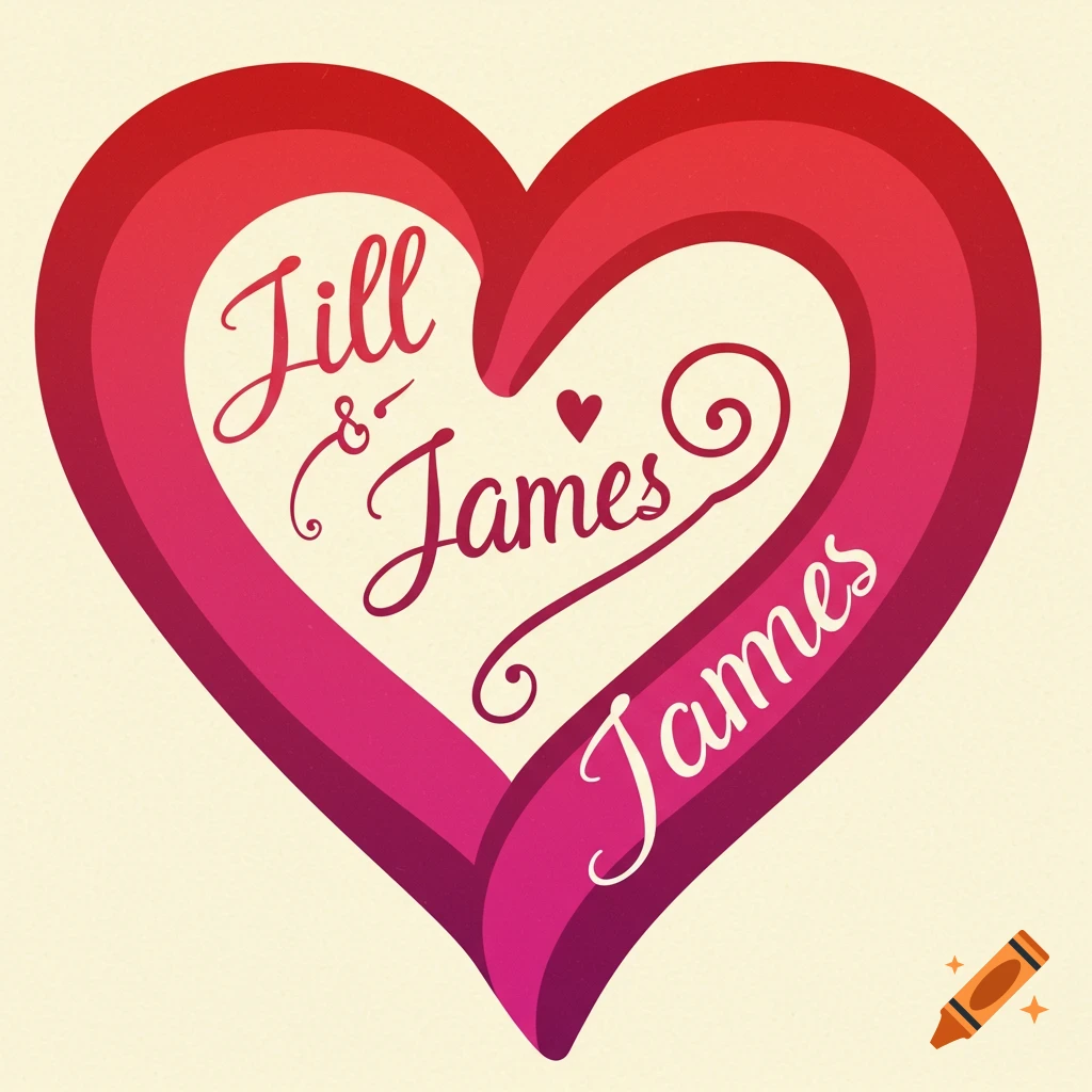 A gradient red and pink heart graphic with the names Jill & James inside and James written on the outside.