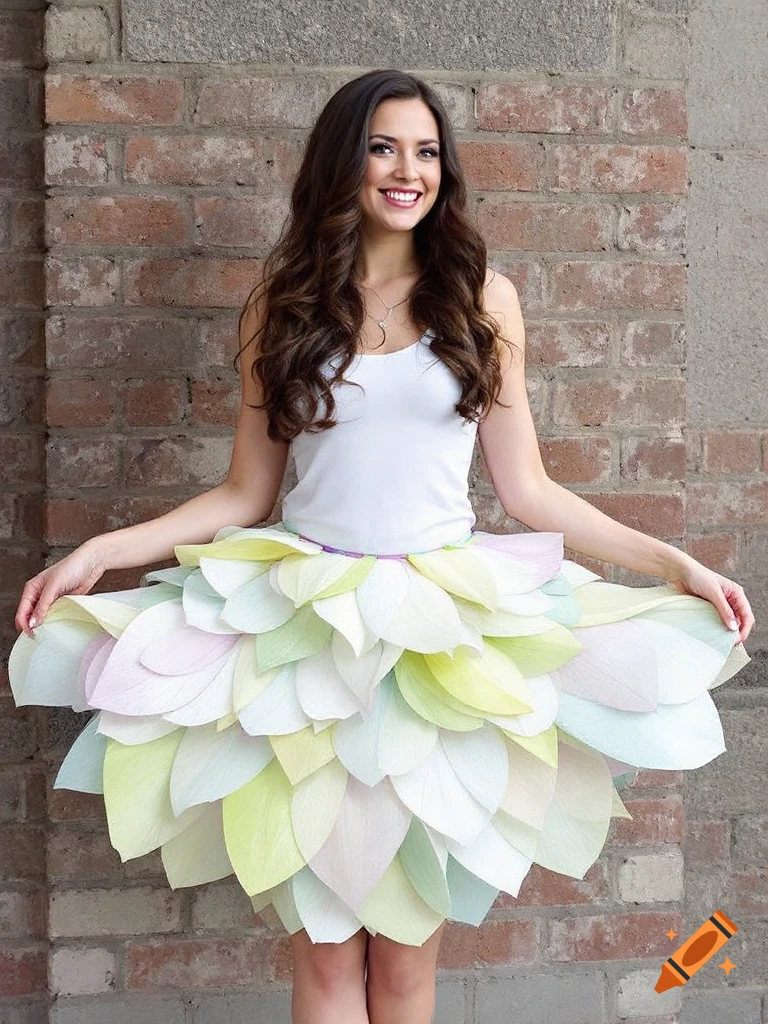Woman wearing a colorful pastel flower petal skirt poses smiling in front of a brick wall.