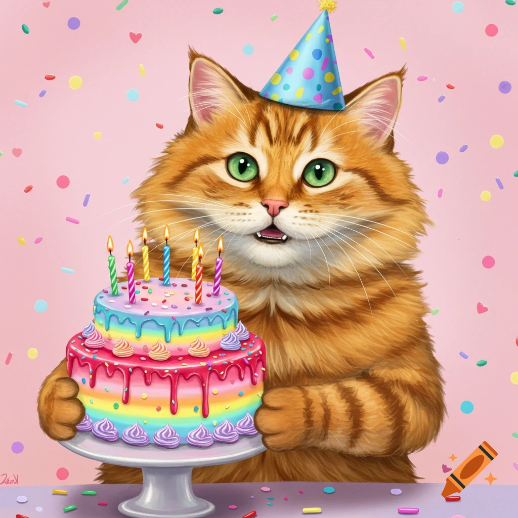 An orange cat wearing a party hat and holding a rainbow birthday cake.