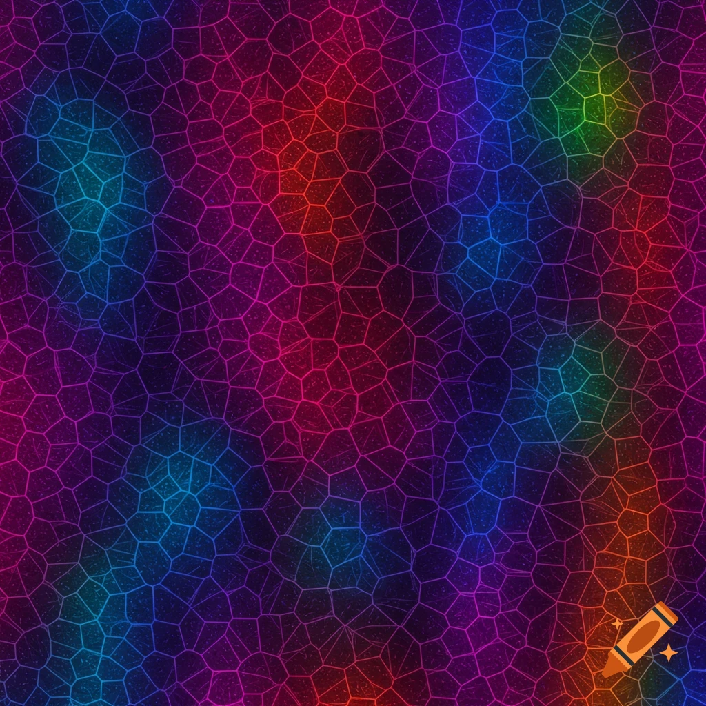 A seamless neon colored geometric Voronoi pattern on a dark background.