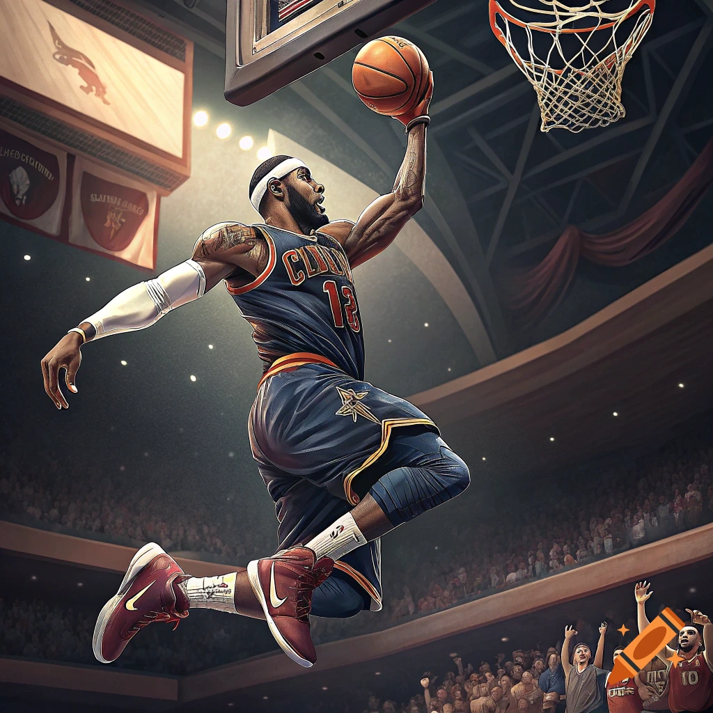 A basketball player in a dark uniform with the number 13 dunks a ball in a brightly lit arena during a game.